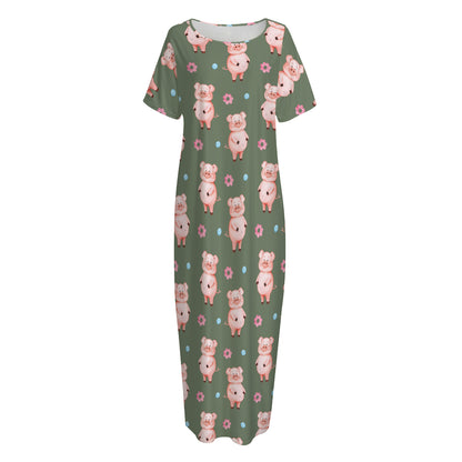 Vintage Pink Pig Pattern Print Short Sleeve Long Nightdress
