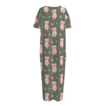 Vintage Pink Pig Pattern Print Short Sleeve Long Nightdress