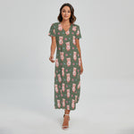 Vintage Pink Pig Pattern Print Short Sleeve Maxi Dress