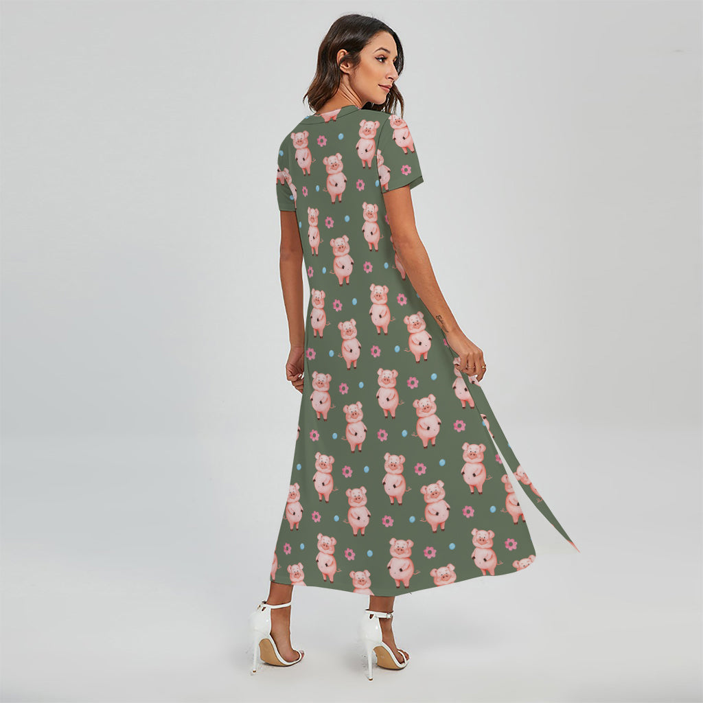 Vintage Pink Pig Pattern Print Short Sleeve Maxi Dress