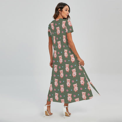 Vintage Pink Pig Pattern Print Short Sleeve Maxi Dress