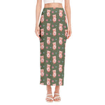 Vintage Pink Pig Pattern Print Side Slit Maxi Skirt