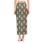 Vintage Pink Pig Pattern Print Side Slit Maxi Skirt
