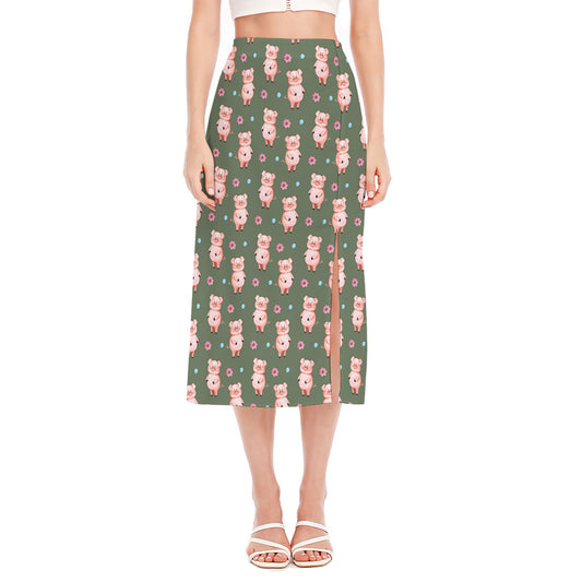 Vintage Pink Pig Pattern Print Side Slit Midi Skirt