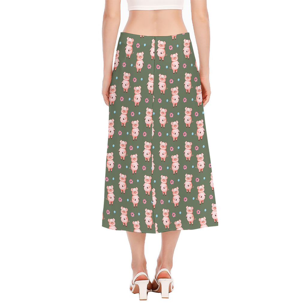 Vintage Pink Pig Pattern Print Side Slit Midi Skirt