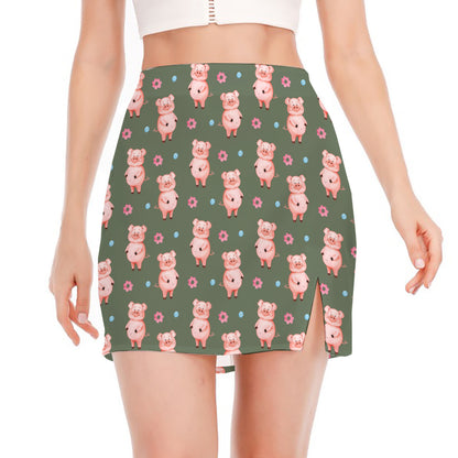 Vintage Pink Pig Pattern Print Side Slit Mini Skirt