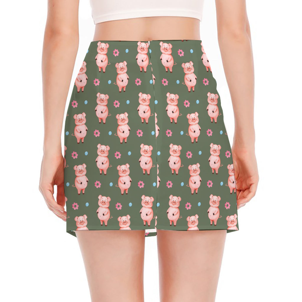 Vintage Pink Pig Pattern Print Side Slit Mini Skirt