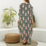 Vintage Pink Pig Pattern Print Silk V-Neck Kaftan Dress