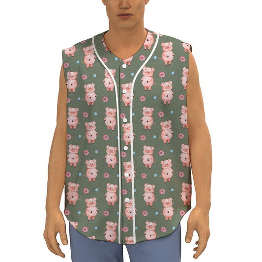 Vintage Pink Pig Pattern Print Sleeveless Baseball Jersey