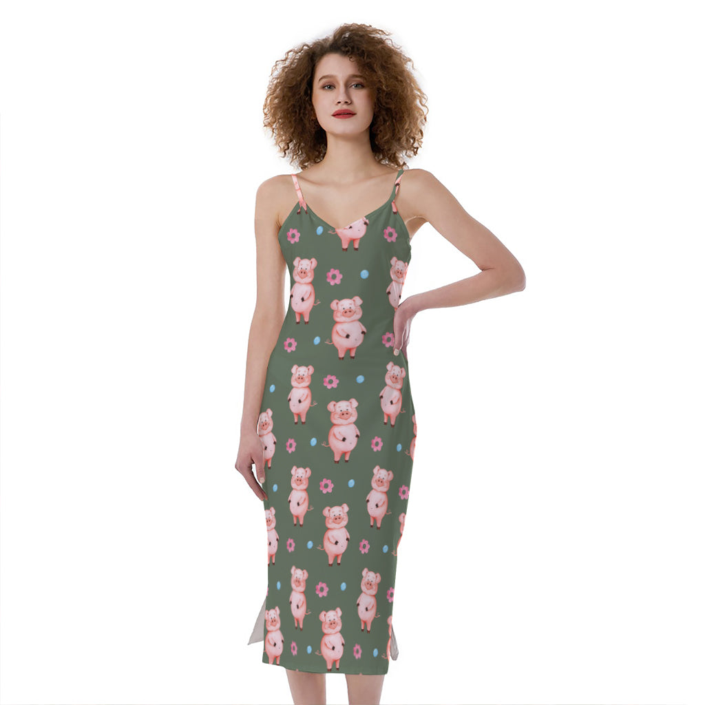 Vintage Pink Pig Pattern Print Slim Fit Midi Cami Dress