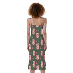 Vintage Pink Pig Pattern Print Slim Fit Midi Cami Dress