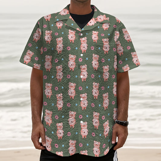 Vintage Pink Pig Pattern Print Textured Short Sleeve Shirt