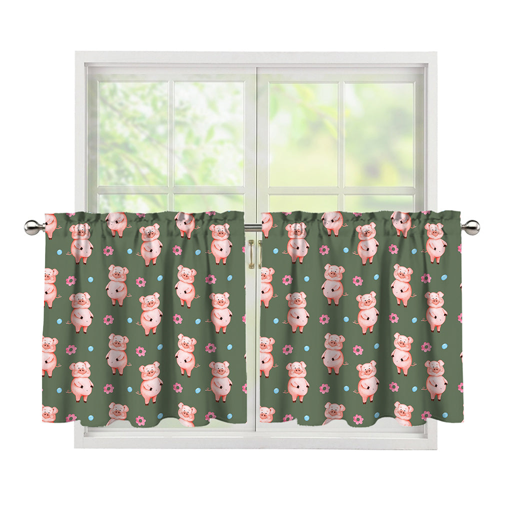 Vintage Pink Pig Pattern Print Tier Curtains