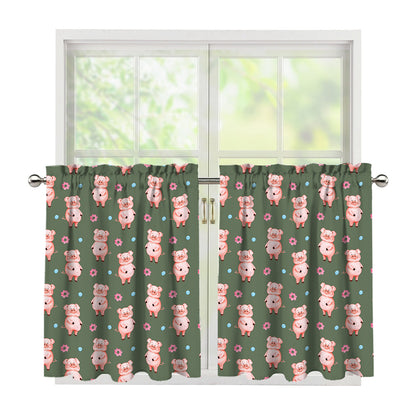Vintage Pink Pig Pattern Print Tier Curtains