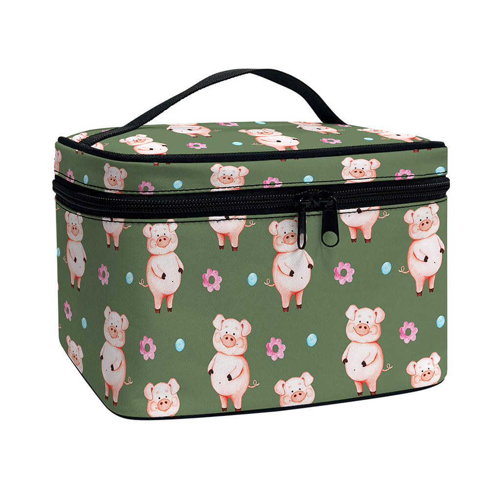 Vintage Pink Pig Pattern Print Travel Makeup Bag