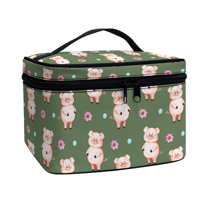 Vintage Pink Pig Pattern Print Travel Makeup Bag