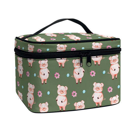 Vintage Pink Pig Pattern Print Travel Makeup Bag