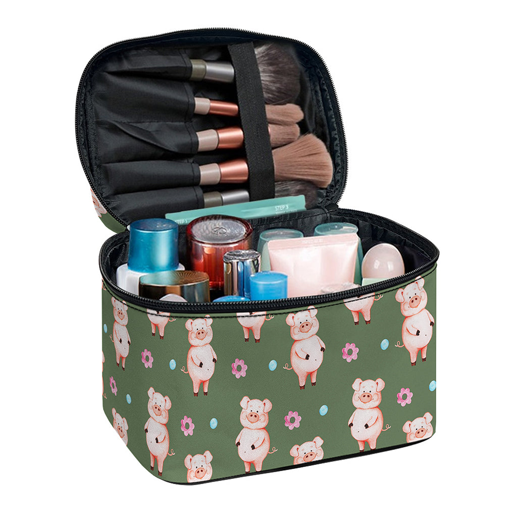 Vintage Pink Pig Pattern Print Travel Makeup Bag