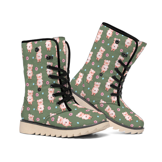 Vintage Pink Pig Pattern Print Winter Boots