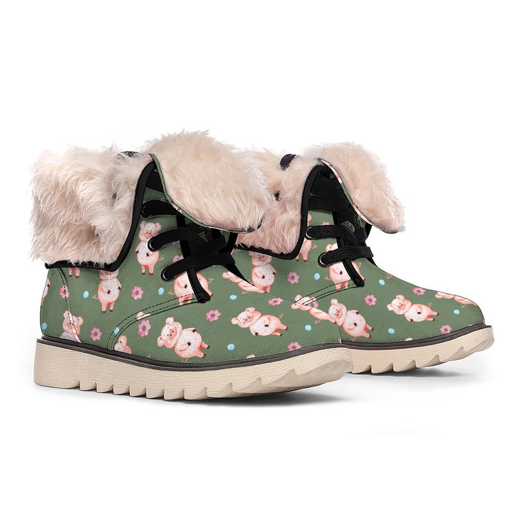 Vintage Pink Pig Pattern Print Winter Boots