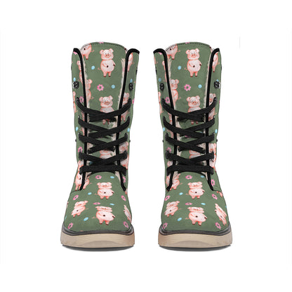 Vintage Pink Pig Pattern Print Winter Boots