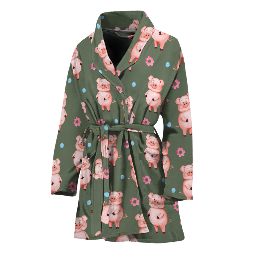 Vintage Pink Pig Pattern Print Women's Bathrobe