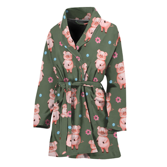 Vintage Pink Pig Pattern Print Women's Bathrobe
