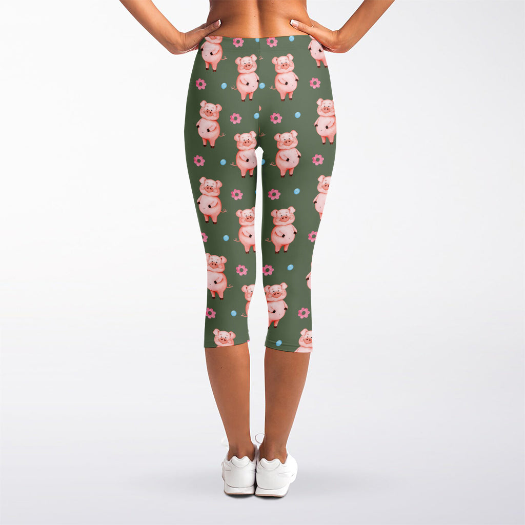 Vintage Pink Pig Pattern Print Women's Capri Leggings