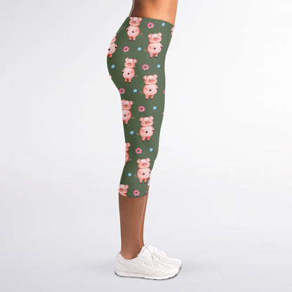Vintage Pink Pig Pattern Print Women's Capri Leggings
