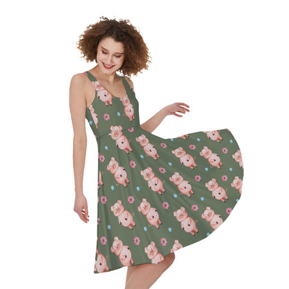 Vintage Pink Pig Pattern Print Women's Sleeveless Dress