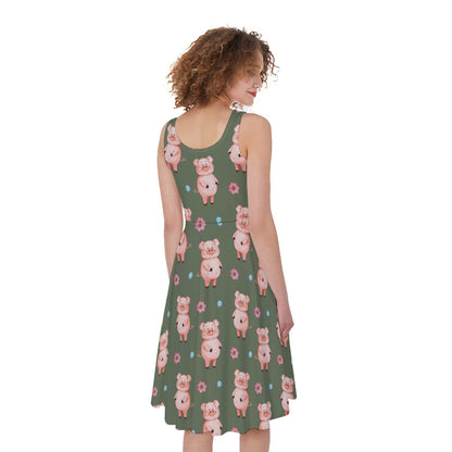 Vintage Pink Pig Pattern Print Women's Sleeveless Dress