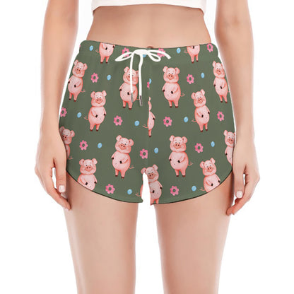Vintage Pink Pig Pattern Print Women's Split Running Shorts