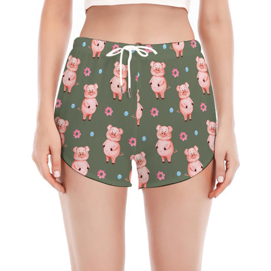 Vintage Pink Pig Pattern Print Women's Split Running Shorts