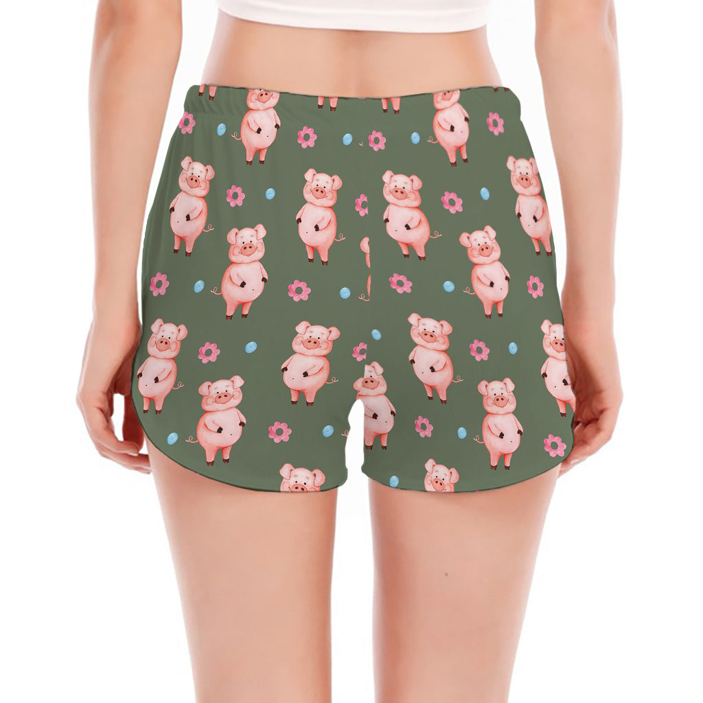 Vintage Pink Pig Pattern Print Women's Split Running Shorts