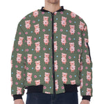 Vintage Pink Pig Pattern Print Zip Sleeve Bomber Jacket