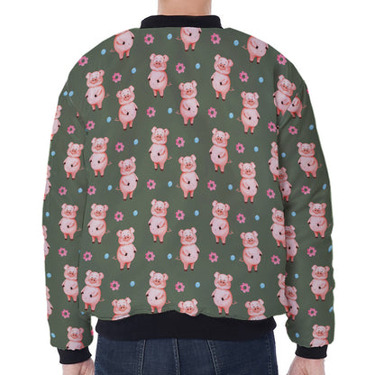 Vintage Pink Pig Pattern Print Zip Sleeve Bomber Jacket