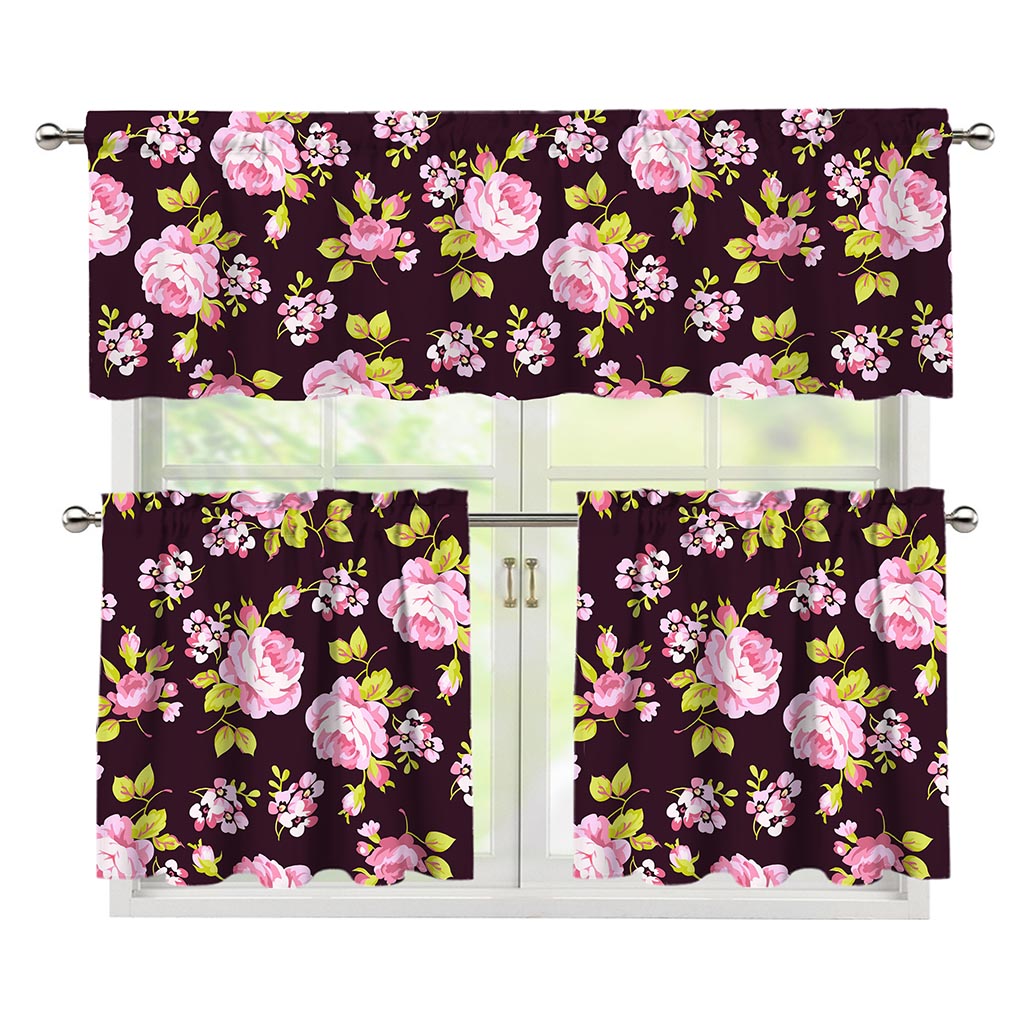 Vintage Pink Rose Floral Pattern Print 3 Piece Kitchen Curtains