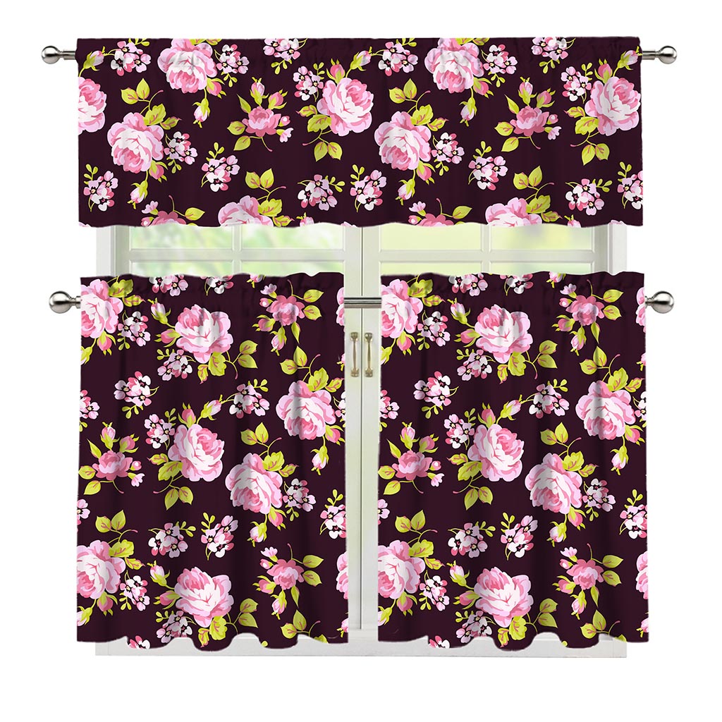 Vintage Pink Rose Floral Pattern Print 3 Piece Kitchen Curtains
