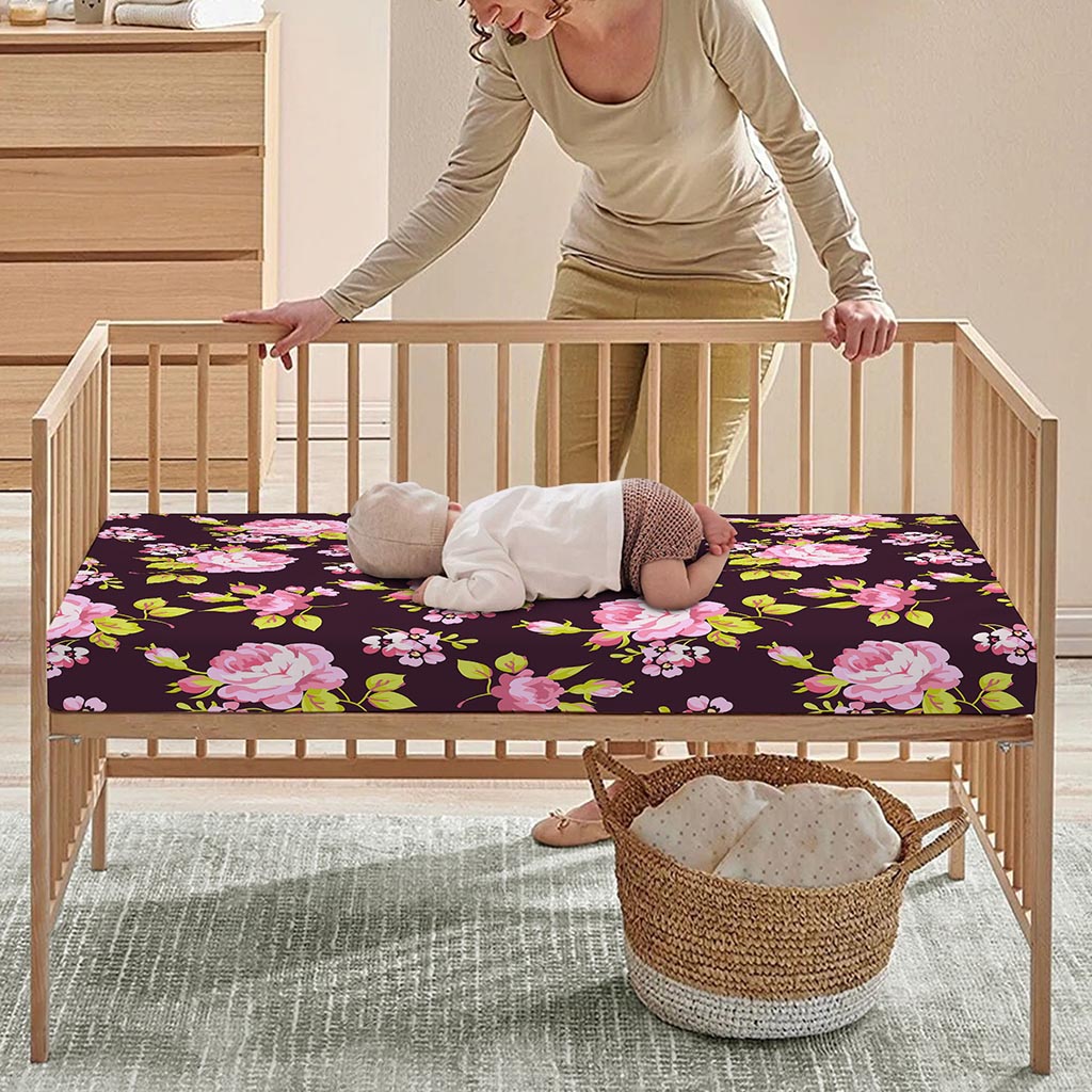 Vintage Pink Rose Floral Pattern Print Baby Crib Sheet