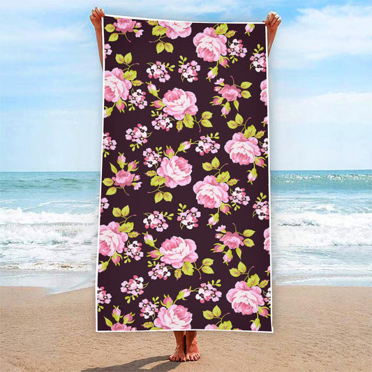 Vintage Pink Rose Floral Pattern Print Beach Towel
