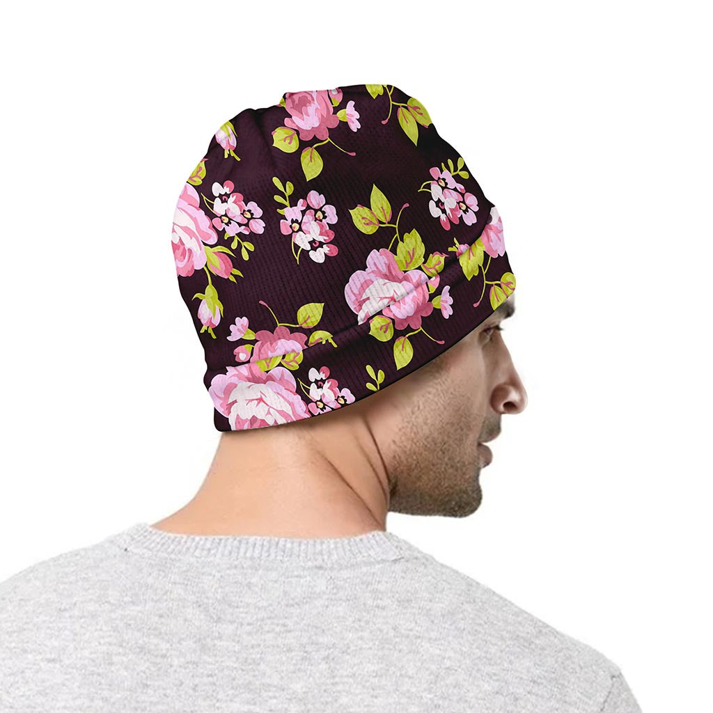Vintage Pink Rose Floral Pattern Print Beanie