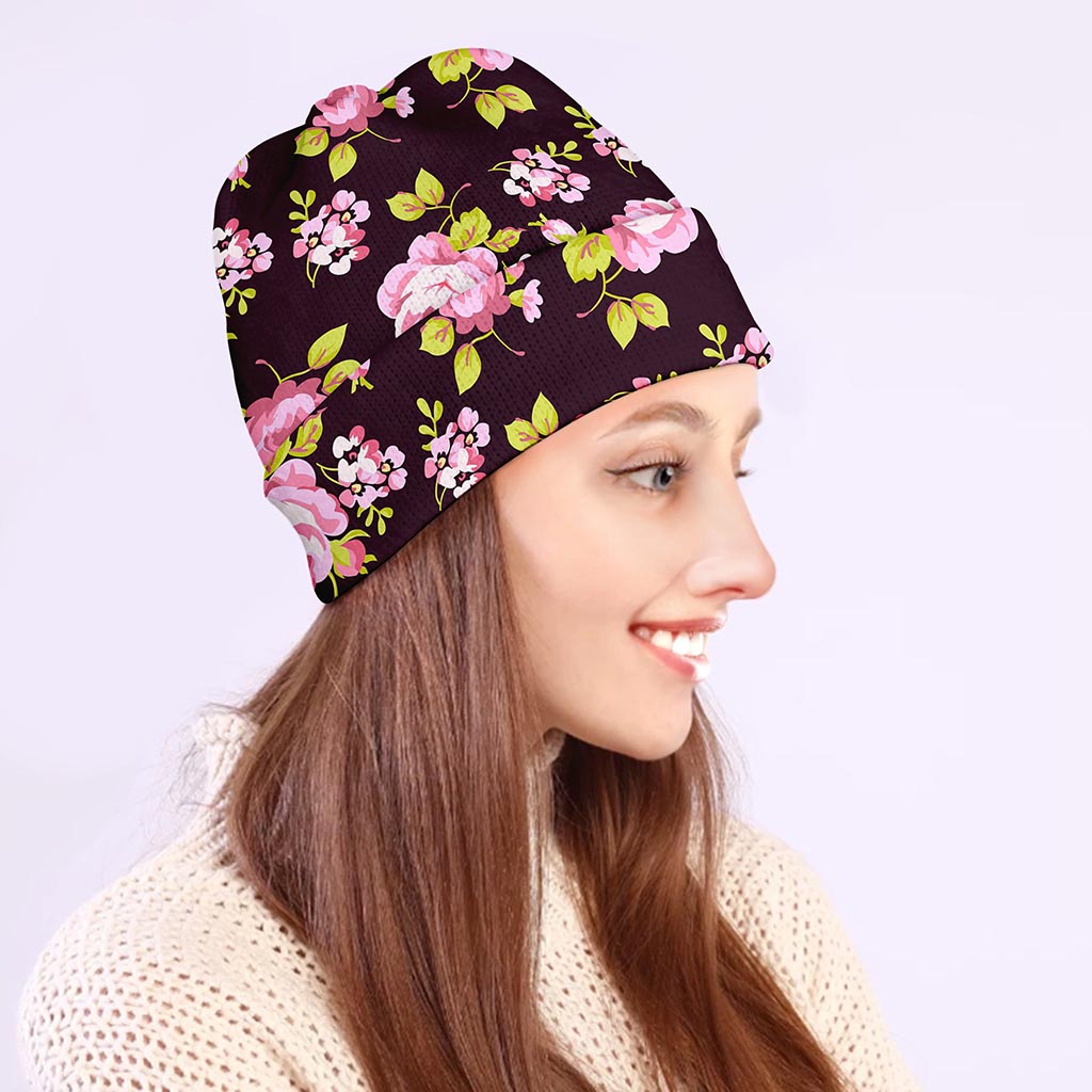 Vintage Pink Rose Floral Pattern Print Beanie