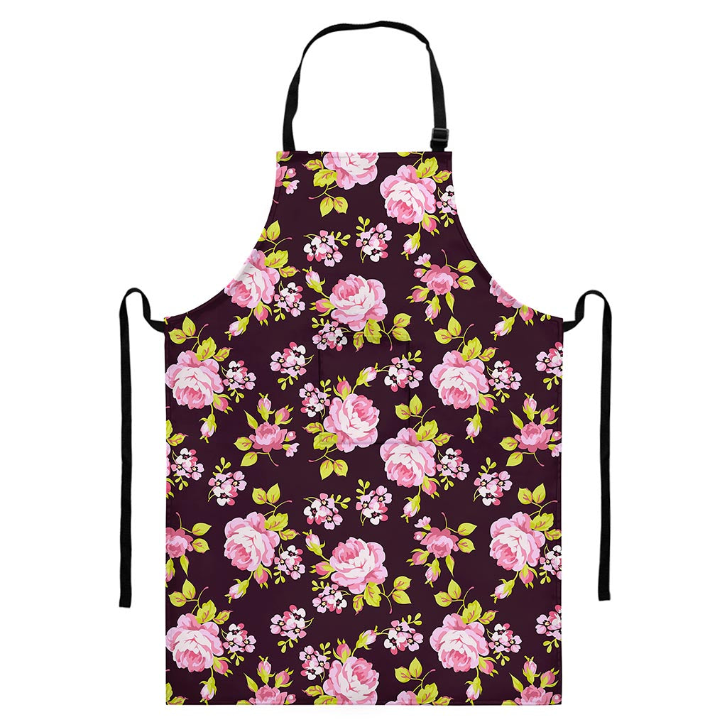 Vintage Pink Rose Floral Pattern Print Bib Apron With Pocket