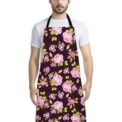 Vintage Pink Rose Floral Pattern Print Bib Apron With Pocket