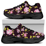 Vintage Pink Rose Floral Pattern Print Black Chunky Shoes