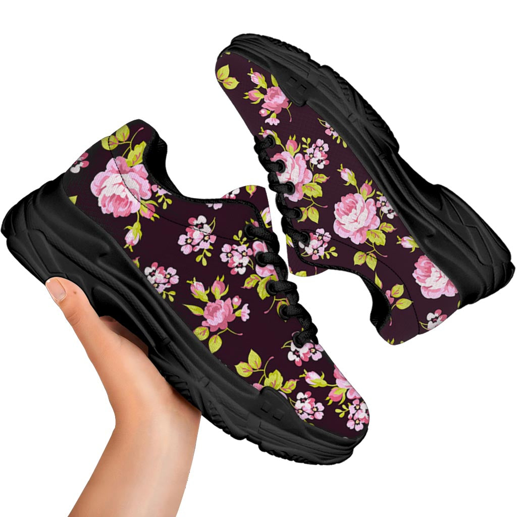 Vintage Pink Rose Floral Pattern Print Black Chunky Shoes