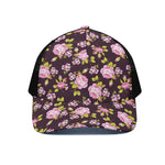 Vintage Pink Rose Floral Pattern Print Black Mesh Trucker Cap