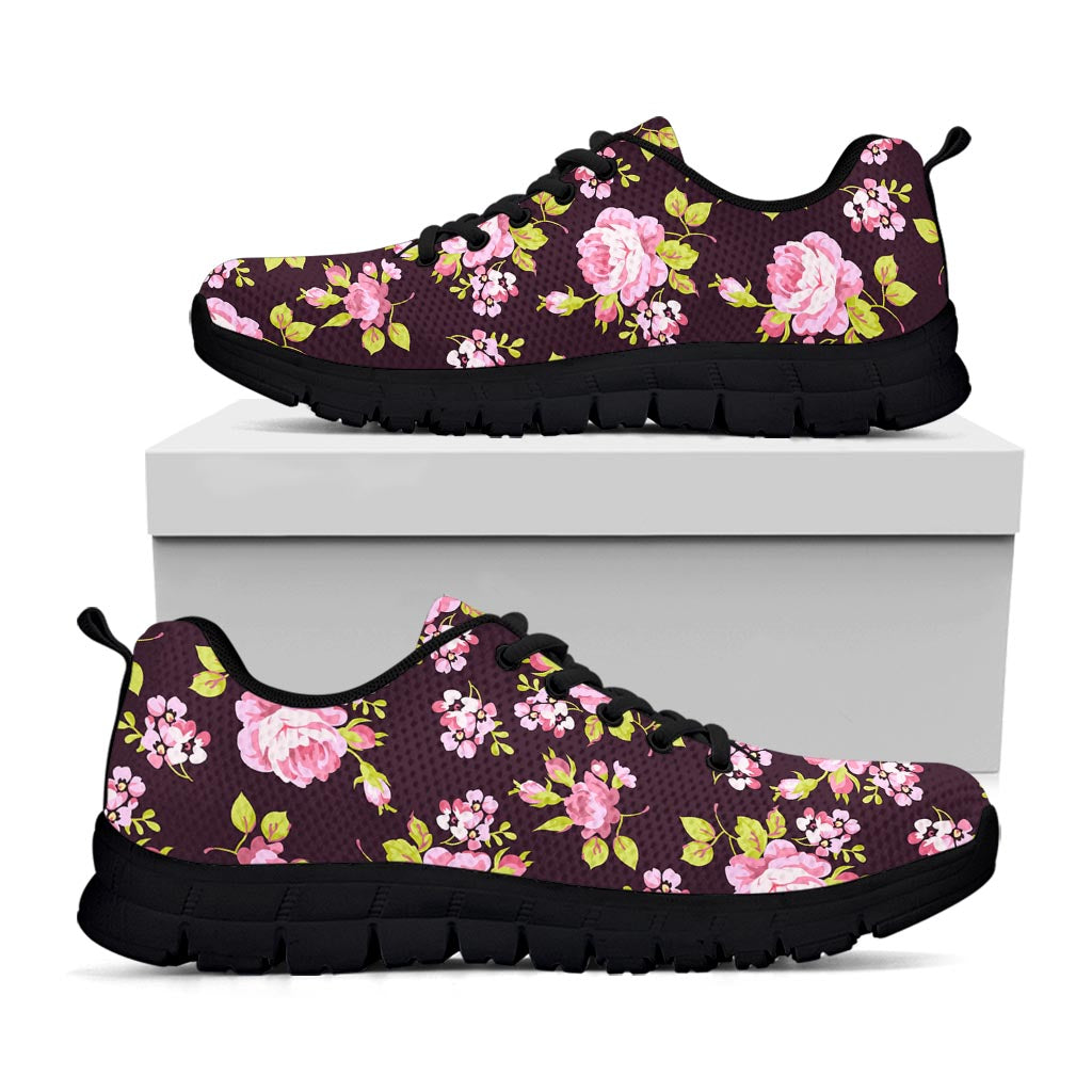 Vintage Pink Rose Floral Pattern Print Black Running Shoes