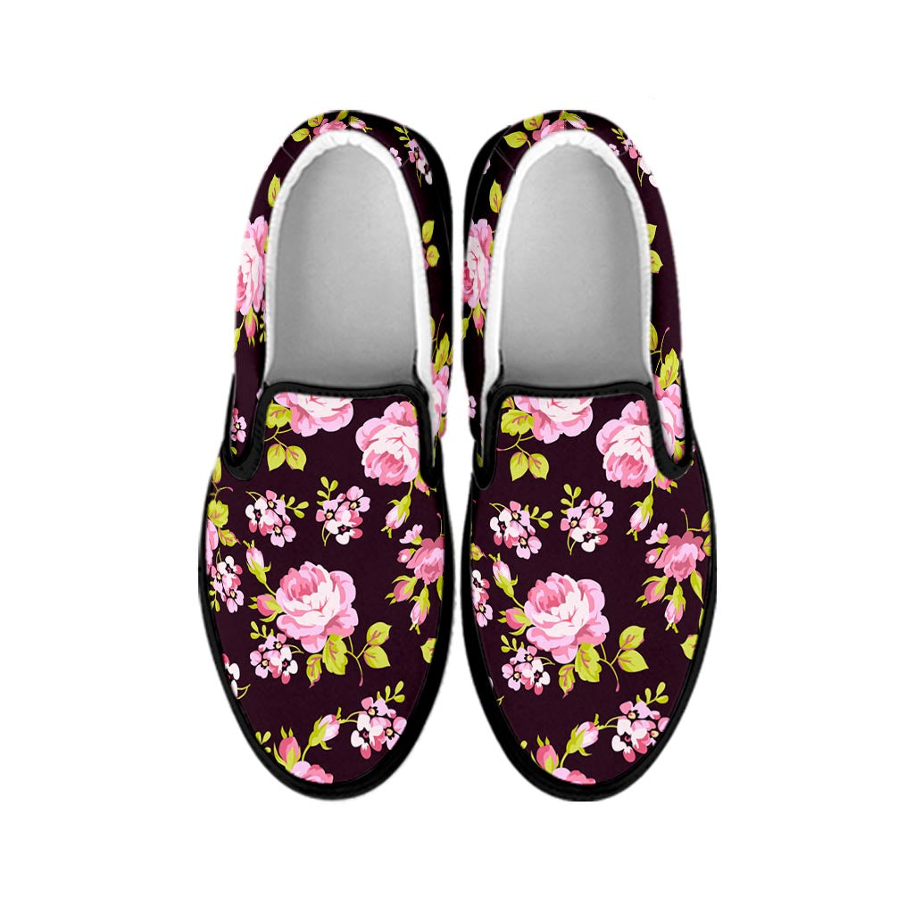 Vintage Pink Rose Floral Pattern Print Black Slip On Sneakers