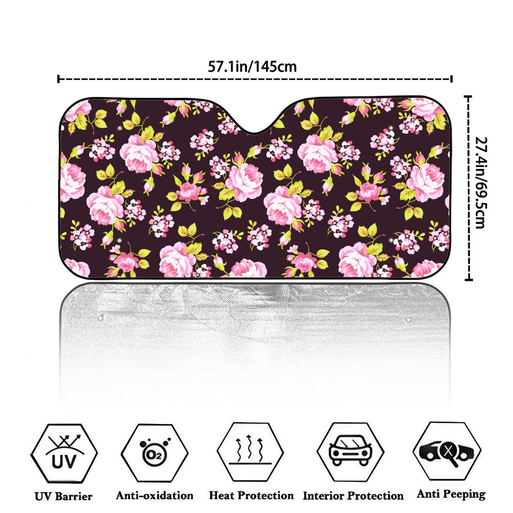 Vintage Pink Rose Floral Pattern Print Car Windshield Sun Shade